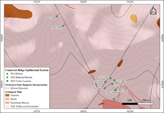 Geological map illustrating the 2022 discovery drillholes (CMVDD001-005), previously released 2023 drillholes and CMV23003 which is the topic of this release. CMV23003 and 004 were drilled from the same platform with angles of -85 and -50 respectively