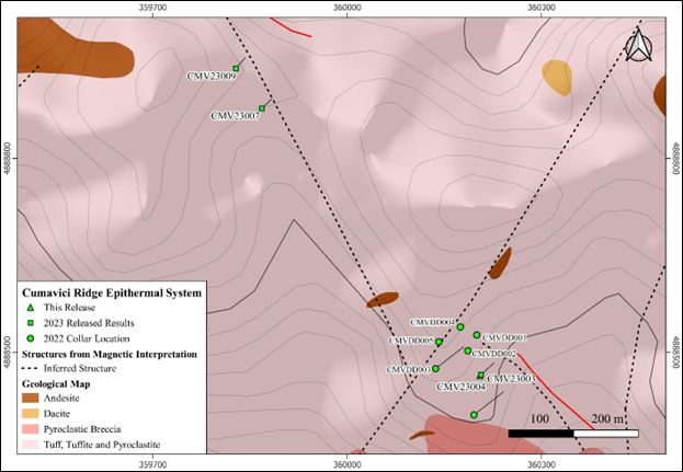 Geological map illustrating the 2022 discovery drillholes (CMVDD001-005), previously released 2023 drillholes and CMV23003 which is the topic of this release. CMV23003 and 004 were drilled from the same platform with angles of -85 and -50 respectively