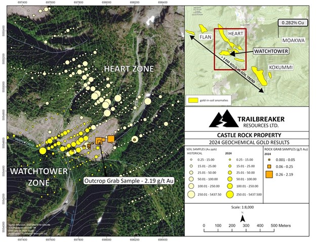 Figure 1: Au-in-soil anomaly and 2024 rock sample results at the Watchtower and Heart zones.