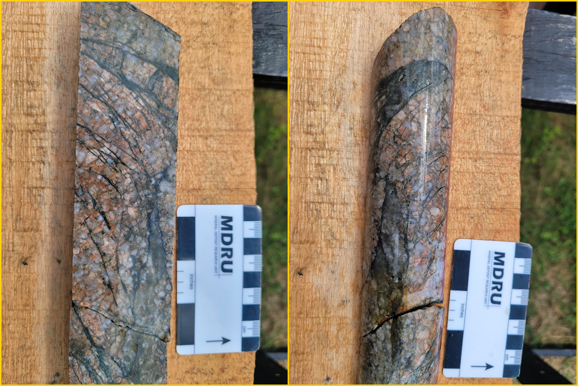 Drillhole 22BT002: typical example of hydrothermal breccia from Galvao. Perthitic granite hydrothermal breccia. Interval is from 357.00 metres to 358.00 metres and grades 0.721 g/t gold. Potassic alteration (pink) overprinted by sericite alteration (musky green). Fractures in matrix are infilled by dark green to black chlorite, silica, and disseminated pyrite.