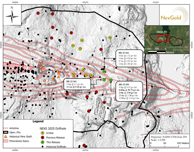Plan map showing the location of diamond drill holes BR-25-559, 562 and 564 along with highlights assays in the proposed West Pit, Goldboro Gold Deposit