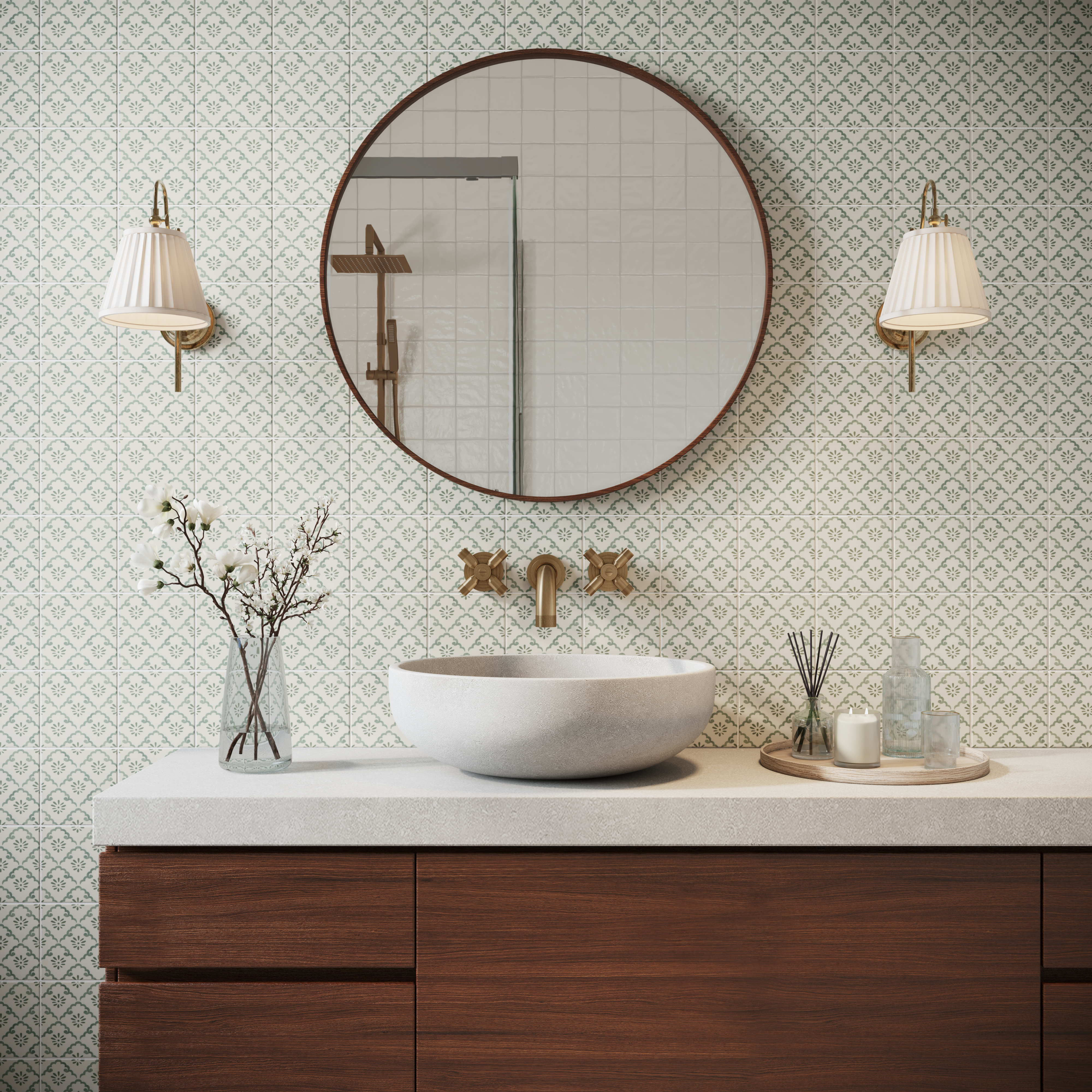 A full bathroom wall featuring the Laura Ashley Coralie Porcelain Wall and Floor Tile in Fresh Green.