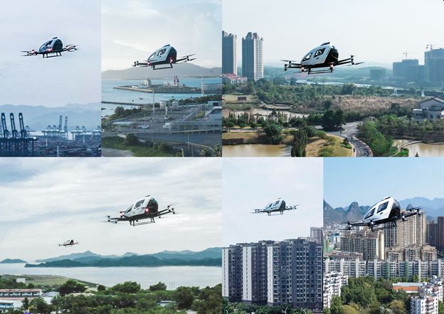 Pictures above: Operational trial flights of the EHang 216 AAVs at different operation spots in China