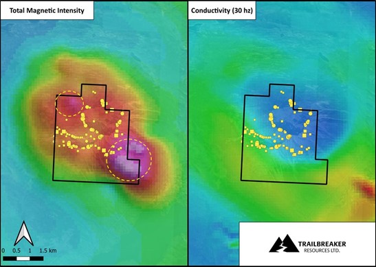 ‘Magnetic’ pimples highlighted in yellow where strongly hornfelsed sedimentary rocks may overlie blind intrusive centers. No exploration work has been conducted on these targets. Low conductivity (high resistivity) features indicate the presence of an intrusive center at the Sheldon property, as confirmed from regional and local mapping.