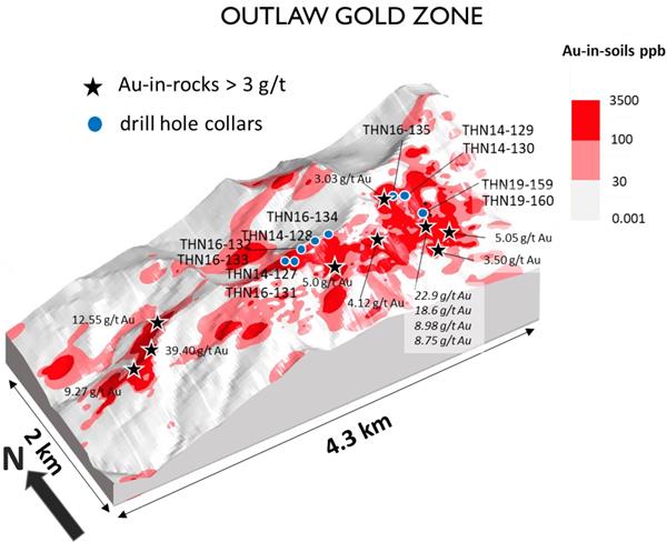 Figure 10 Outlaw Gold Soil-Rock Geochemistry and Drilling Map