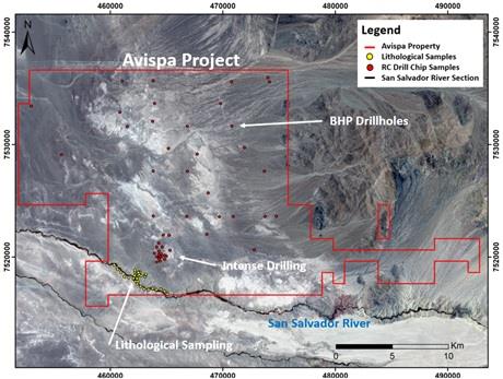 Figure 2: Satellite image with location of Montero’s lithological sampling sites (yellow circles) and RC drill chip pile sampling sites (red circles). BHP drilled widely spaced RC holes while Quantum completed intense drilling.