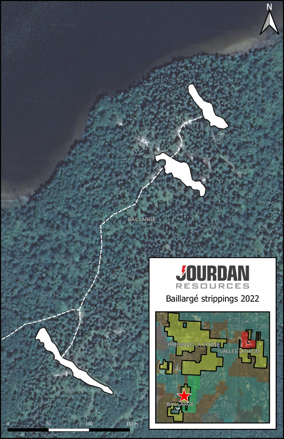 The stripped, mapped and channel sampled areas on existent and expanded spodumene dykes.