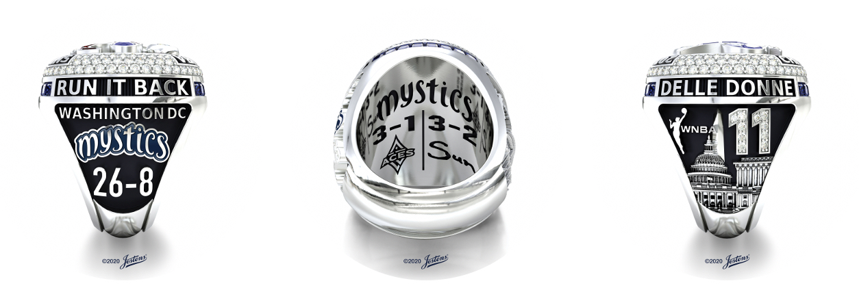 Inside and side panel designs of the 2019 Washington Mystics WNBA Championship Ring, created by Jostens. 