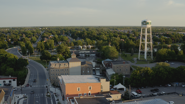 Aerial view of Smiths Falls residential area with a water tower