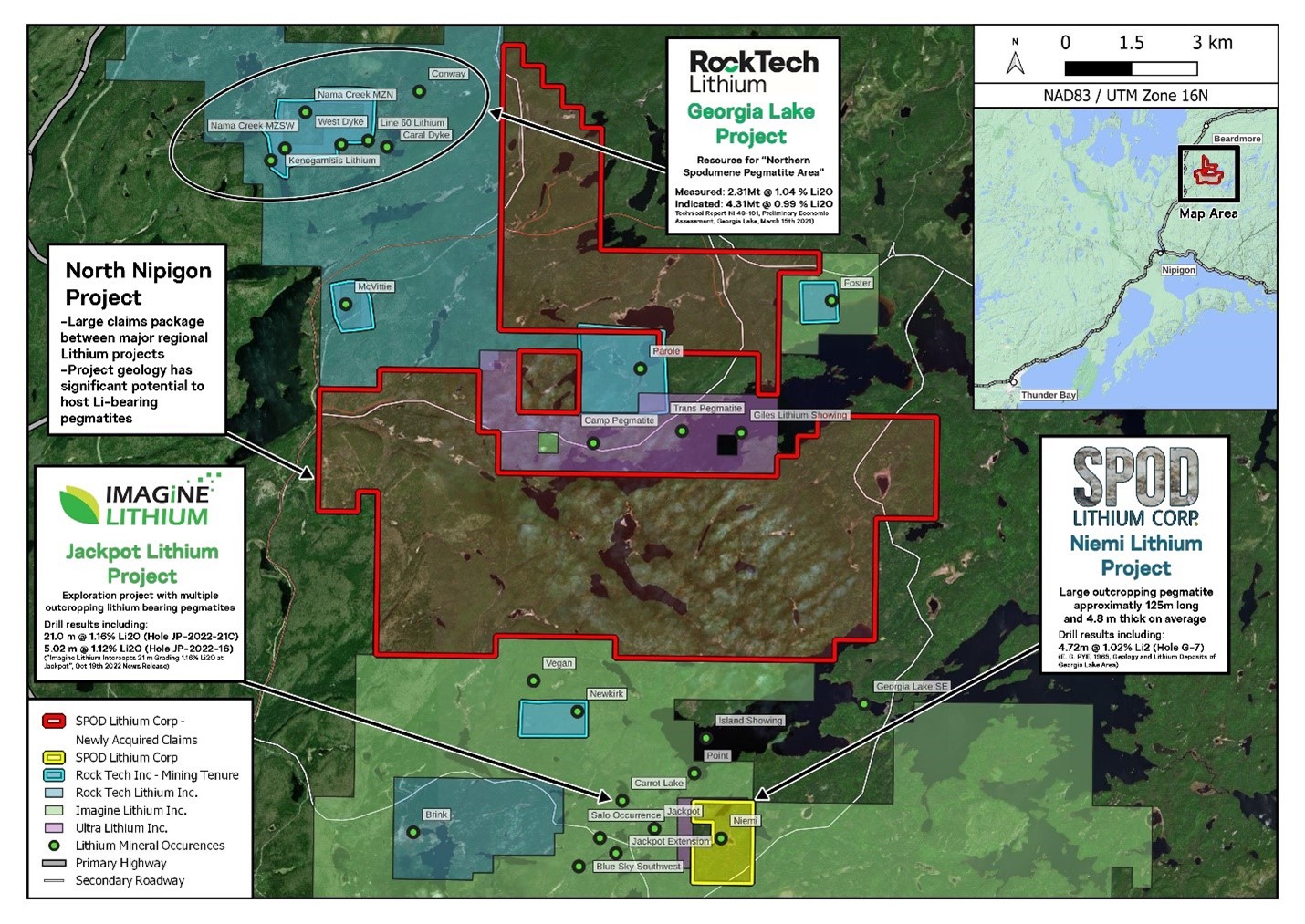 Map of the SPOD Lithium’s existing and new mineral claims in the Georgia Lake area, with respect to other lithium explorers