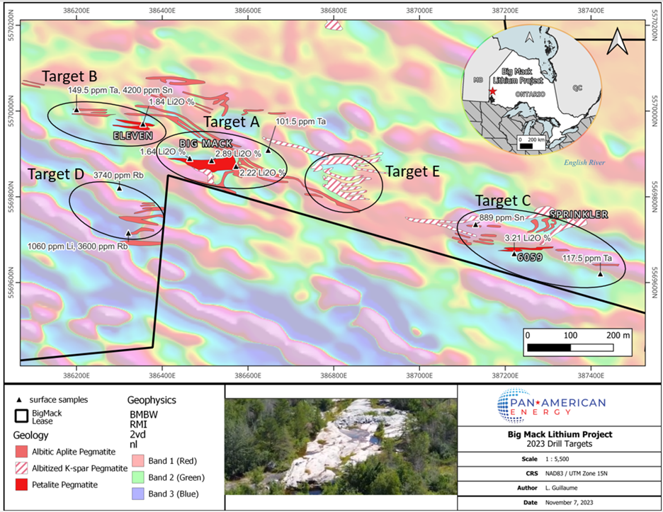 2023 Drilling Target Locations including select surface samples from 2023 field program