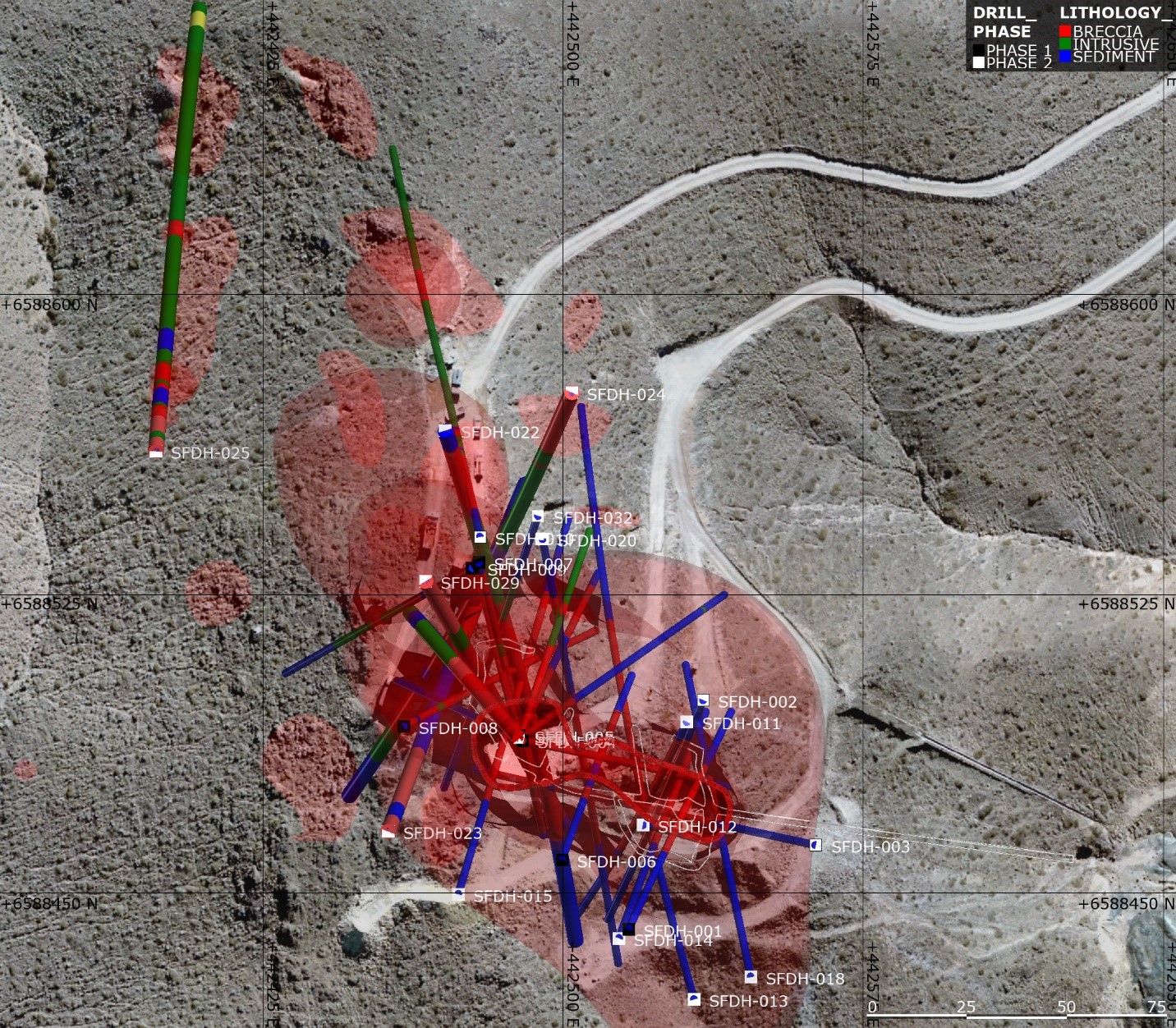 Figure 11: Plan map of Turmalina drill holes at the SFdLA breccia pipe.