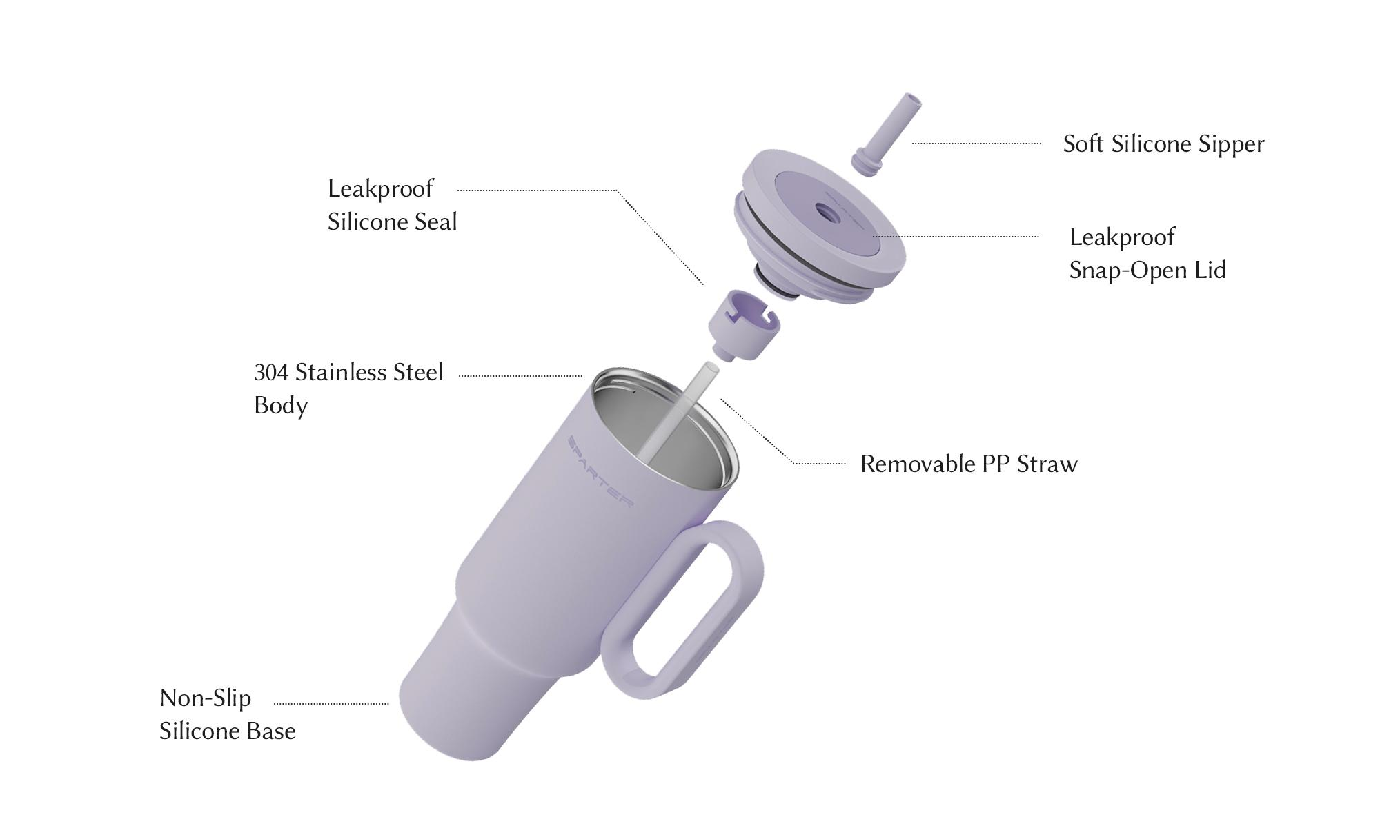 SnapSip Travel Mug exploded view showing leakproof lid, stainless steel body, and removable straw design