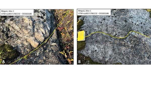 A.) shallow dipping pegmatite-amphibolite contact. B.) magnetic contact between two pegmatite layers