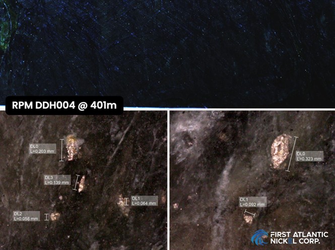 RPM Hole 4 Drill Core (AN-24-05) at 401 meters depth. Top image: Abundant, visibly disseminated awaruite grains (typically 50-100 microns, with some up to 323 microns). Bottom image: Awaruite grains from RPM DDH004 at 401 meters depth under a microscope, showing grains well above 10-micron size required for effective magnetic separation and recovery.