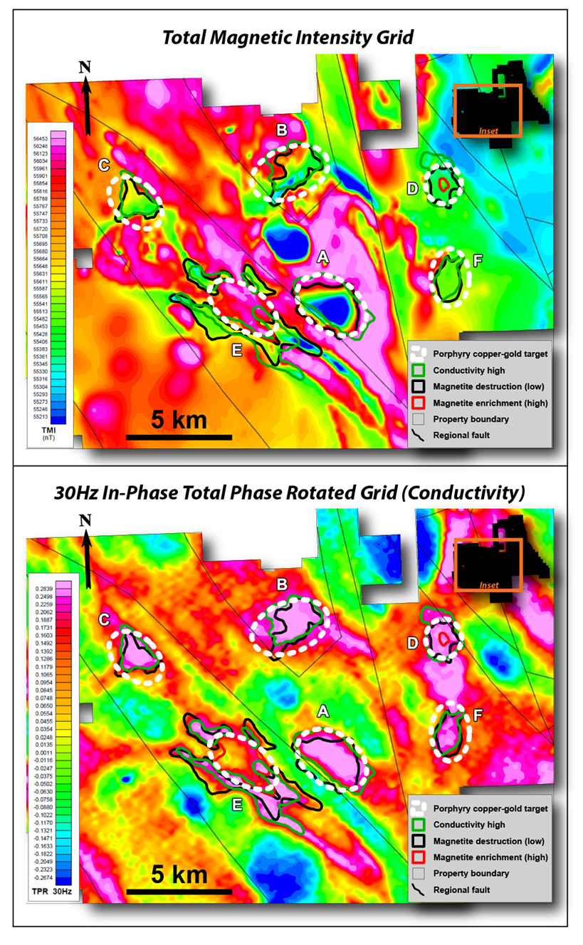 High priority porphyry copper-gold targets outlined at Cyprus Project. Total Magnetic Intensity (top) and 30Hz in-phase Total Phase Rotated (bottom) showing relative conductivity at 400 - 500 metres depth.