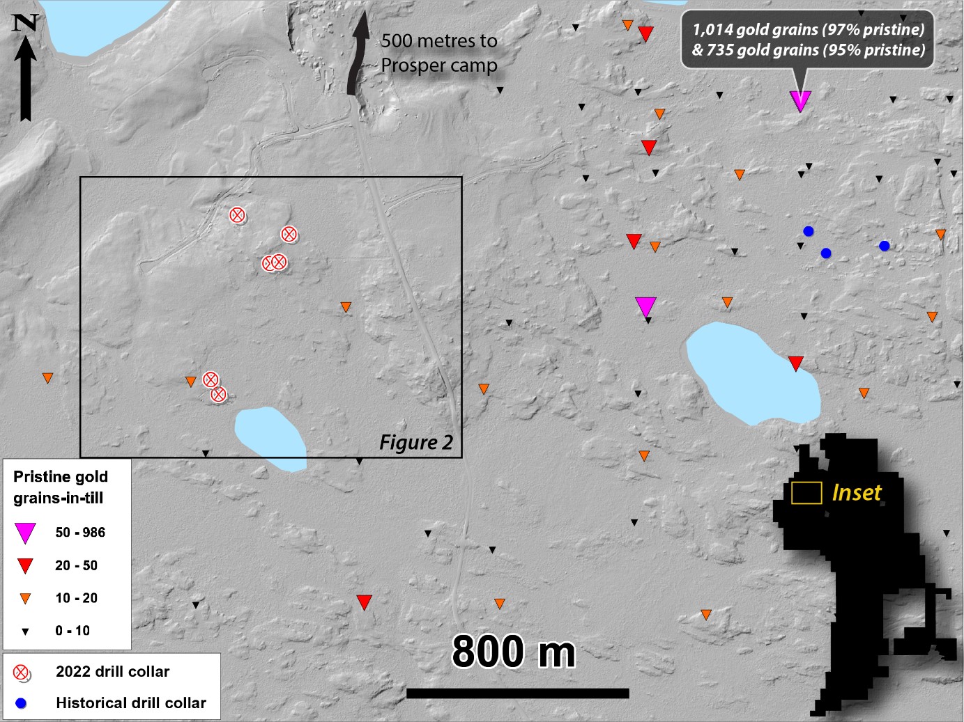 Plan map showing Fall 2022 drill collars relative to greater Skinner Target Area.