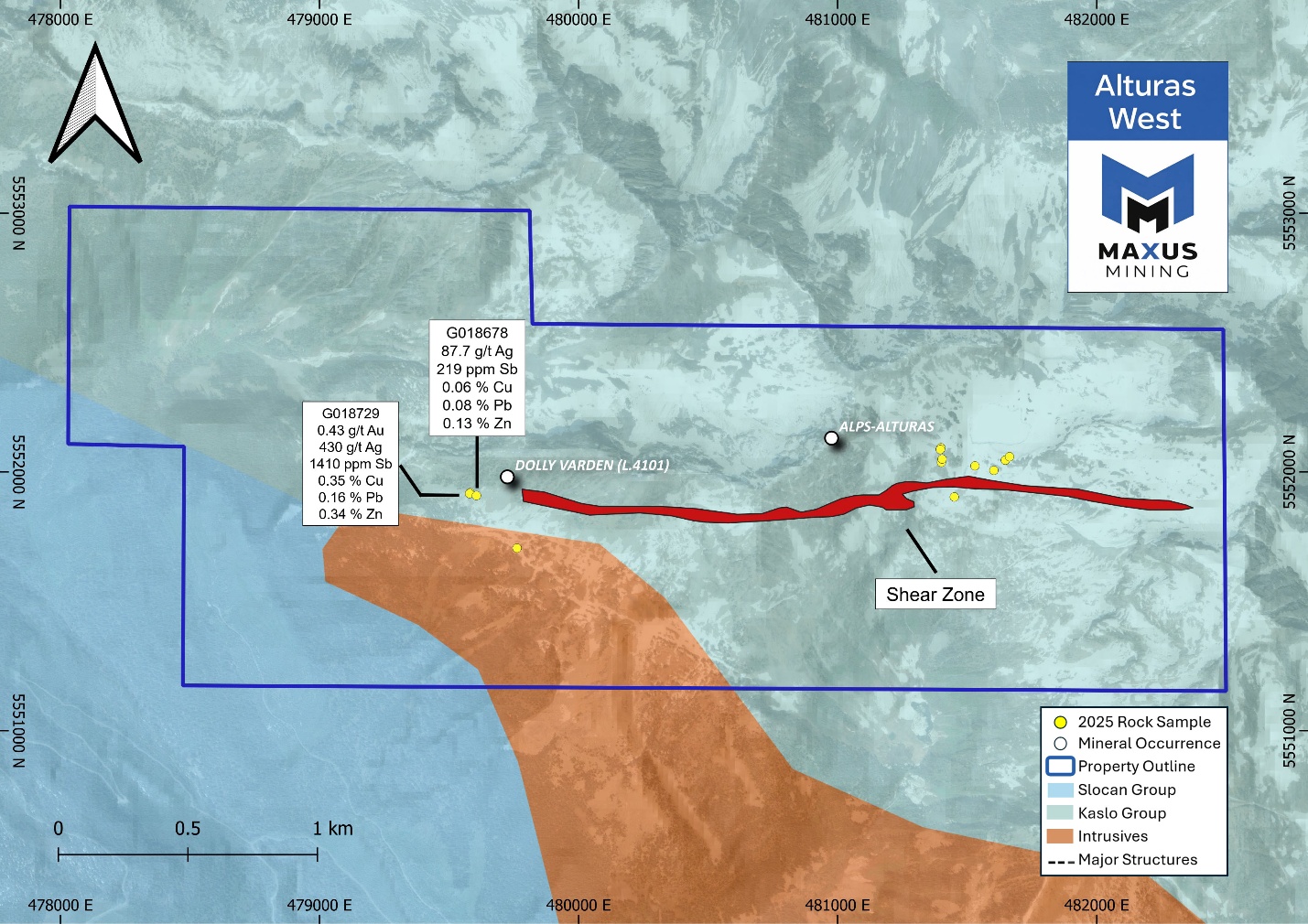 Figure 1: Alturas West Property Outlining Historic Showings and 2025 Program Highlights