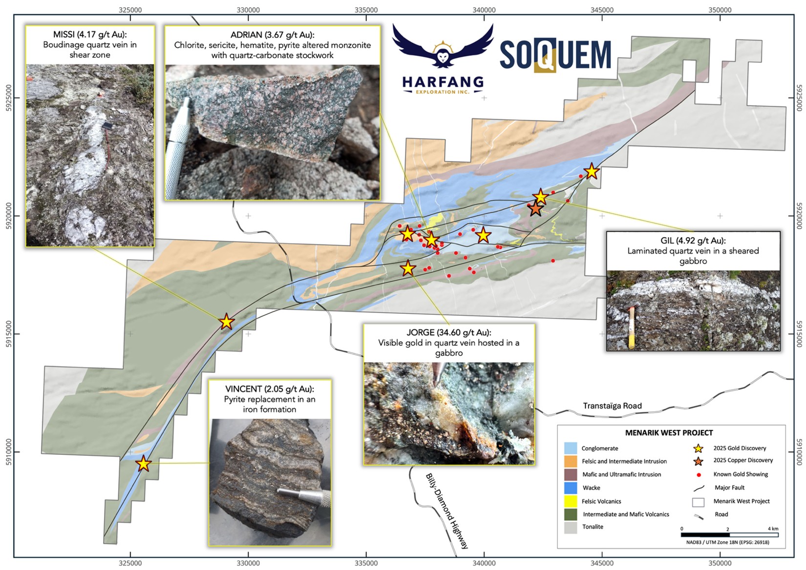 Select showings and geological map from the summer 2025 exploration program at Menarik West.