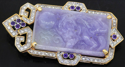 Heavy 14K two-tone gold 2.26CT diamond amethyst 38.8 x 21.5mm jadeite jade brooch for $3,049