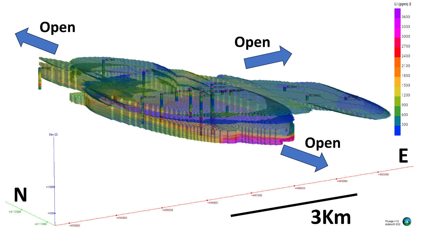 Oblique view from southwest of block model for Bonnie Claire generated by Leapfrog® Edge software. Lithium ppm legend to right.