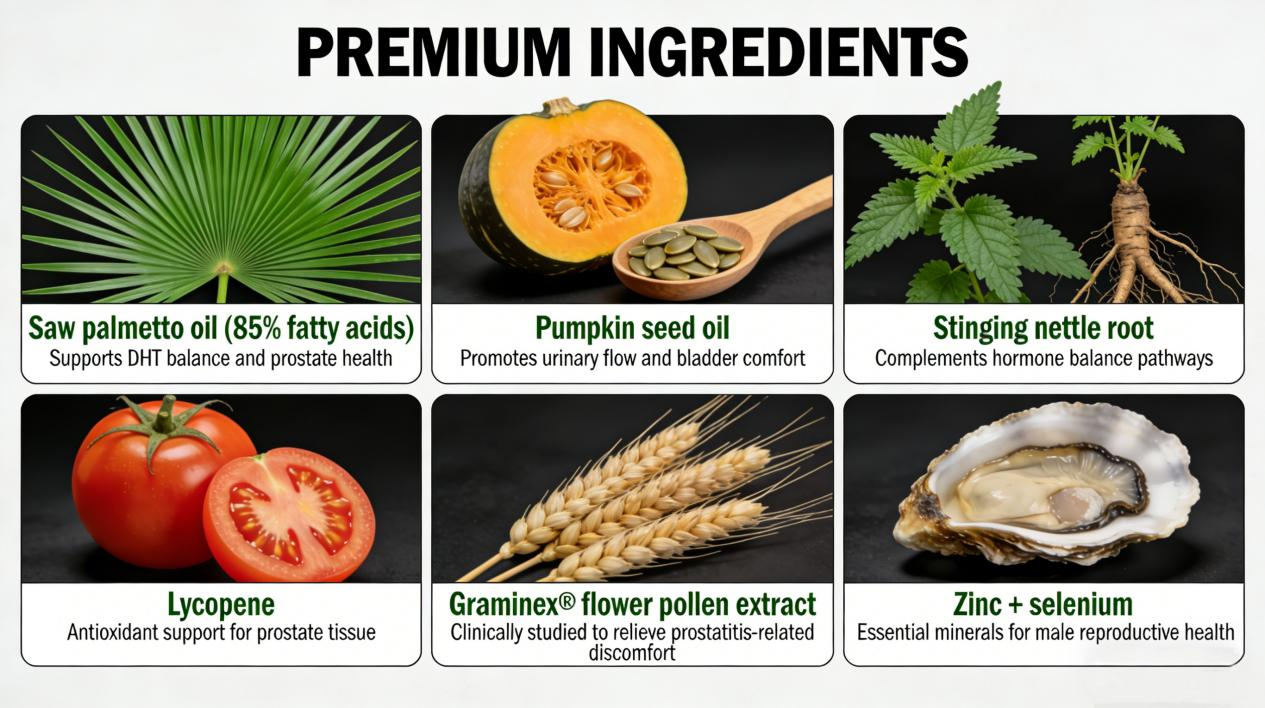 Infographic of key ingredients like pumpkin seed oil, lycopene, zinc, and flower pollen extract.