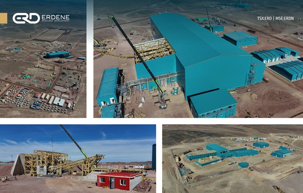 Images – clockwise from top left: Bayan Khundii Construction Site, Process Plant, Accommodation Village, and Crushing and Conveyor System, March 2025.