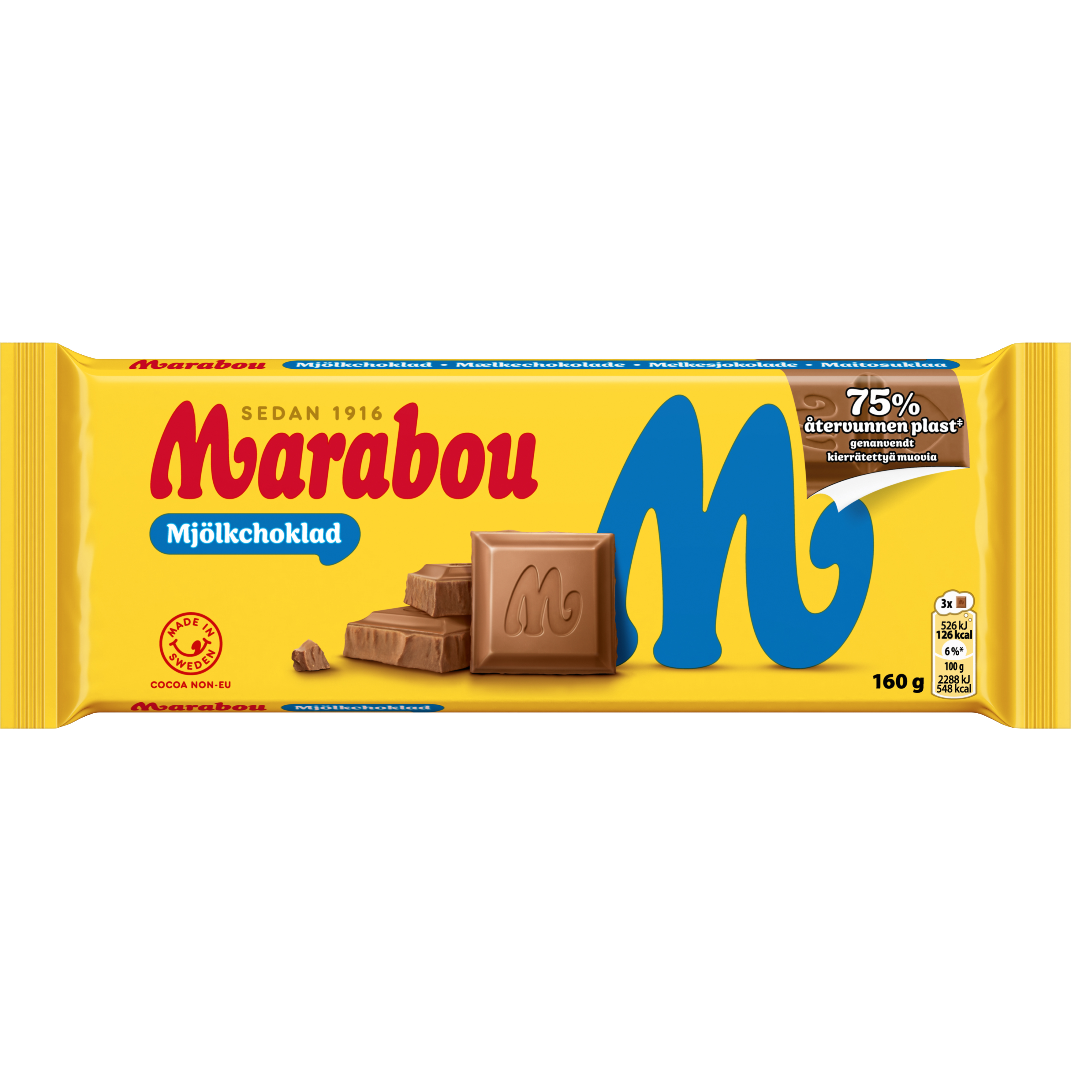 Using LYB CirculenRevive polymers with 100% attributed recycled content via an ISCC PLUS-certified mass balance approach, Mondelez is now able to offer packaging sourced from 75% recycled content for Marabou chocolate bars. Source: Mondelez International.