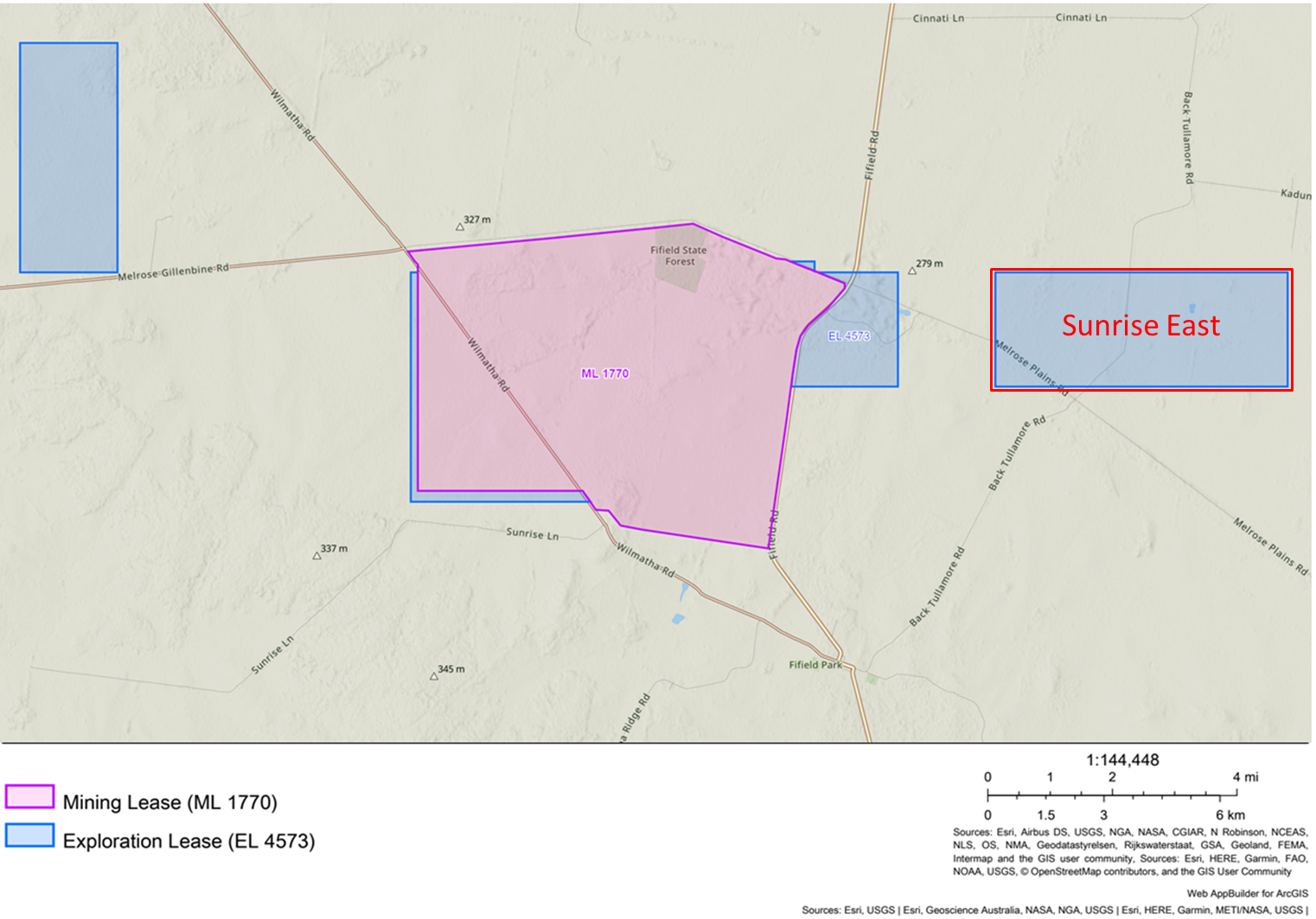 Sunrise Project tenements including the part block of EL4573 to the east of the main Project area of ML1770