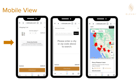 Elevai e-commerce portal mobile view of the shopping cart and physician finder tool