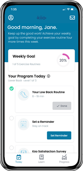 Kiio's simple, easy and effective MSK therapy uses AI to create an individualized program tailored to each member's type of pain and location, sets goals, monitors progress and advances members as they feel better.