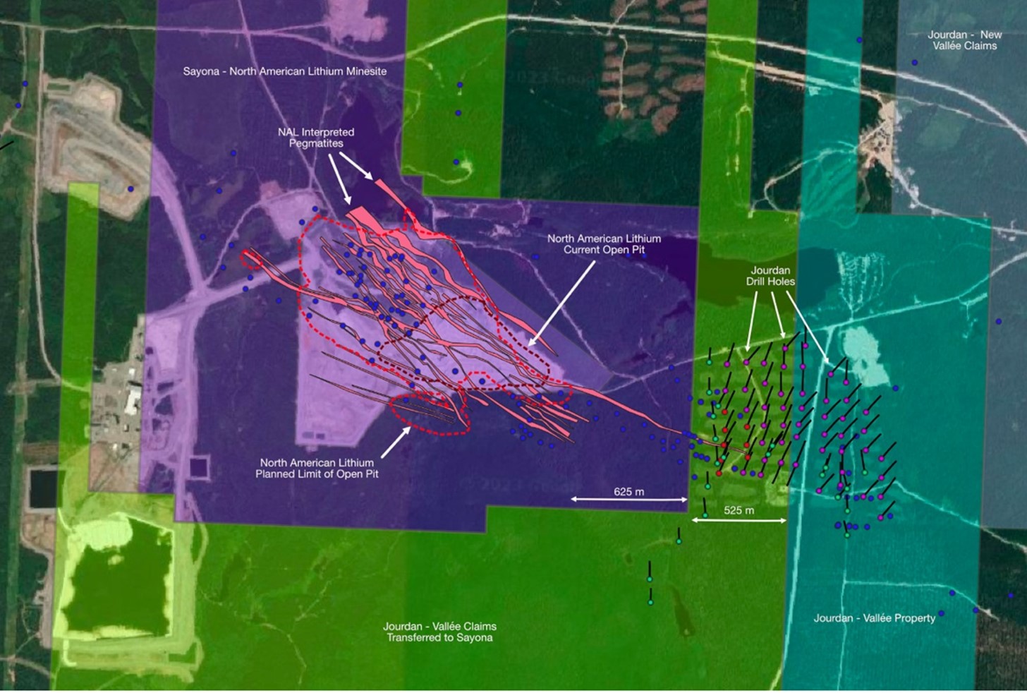 The location of the Vallée property and recent Jourdan drill holes relative to Sayona’s North American Lithium mine near Amos, Quebec.