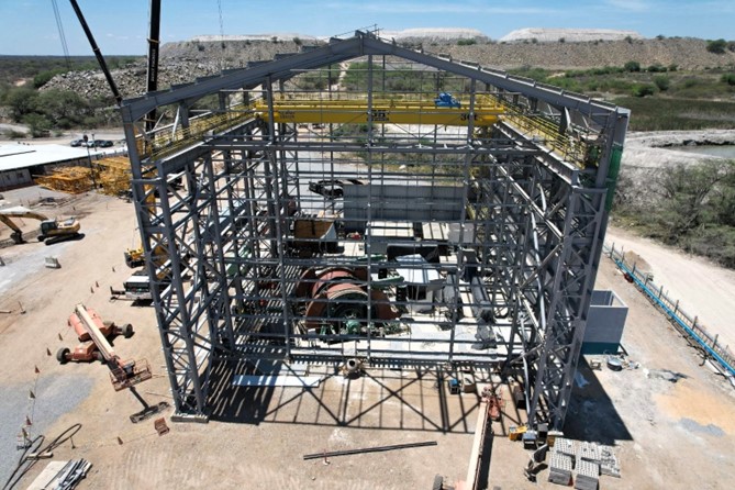 Progress on erection of the permanent rock and personnel winder building (October 2023).