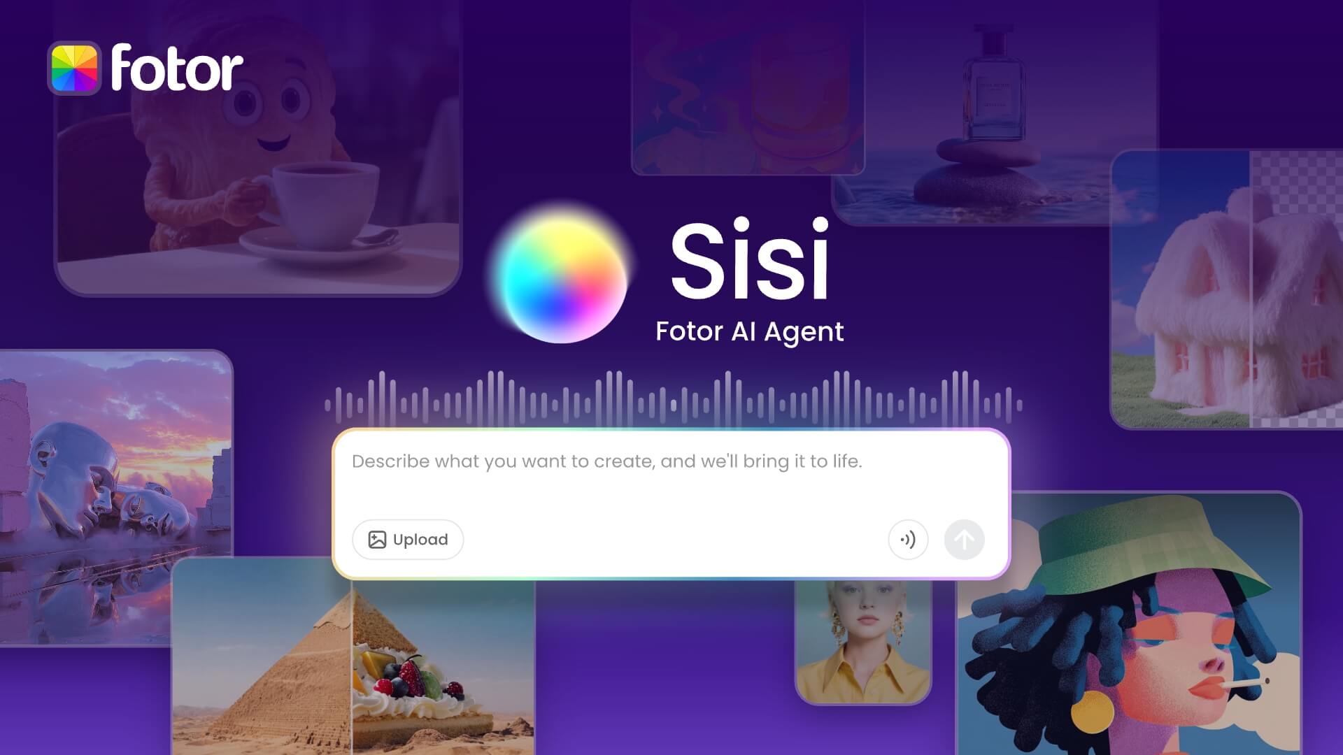 Chat with Fotor AI Agent by prompt input and voice commands to create all kinds of beautiful images.