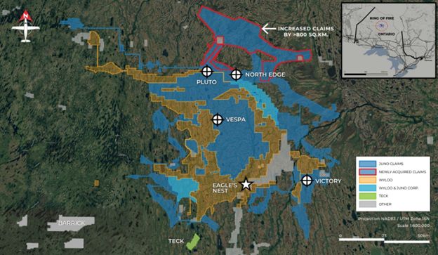 Juno claim holdings and discovery locations in the Ring of Fire