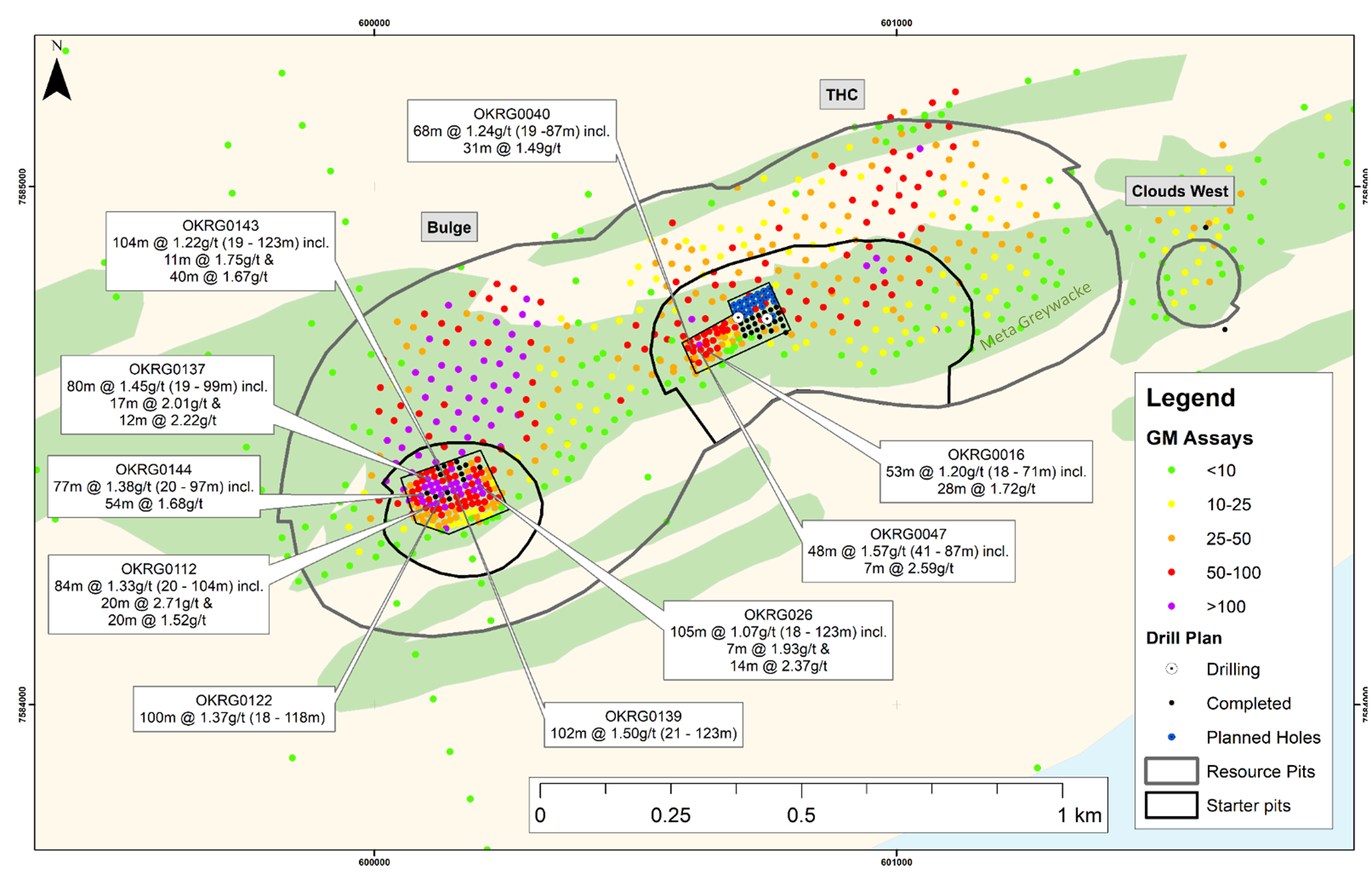 Selected assays from the infill program at Bulge and THC