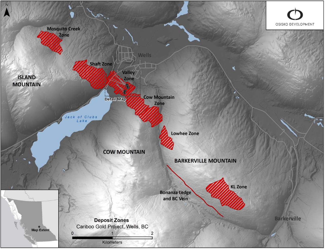 Figure 1: Cariboo deposit areas overview map