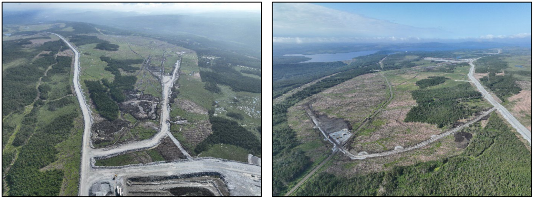 Construction of the Toe Road for the Tailings Management Facility. Advancement of the construction toe-road from the southwest (left) and northeast (right) simultaneously, July 2023