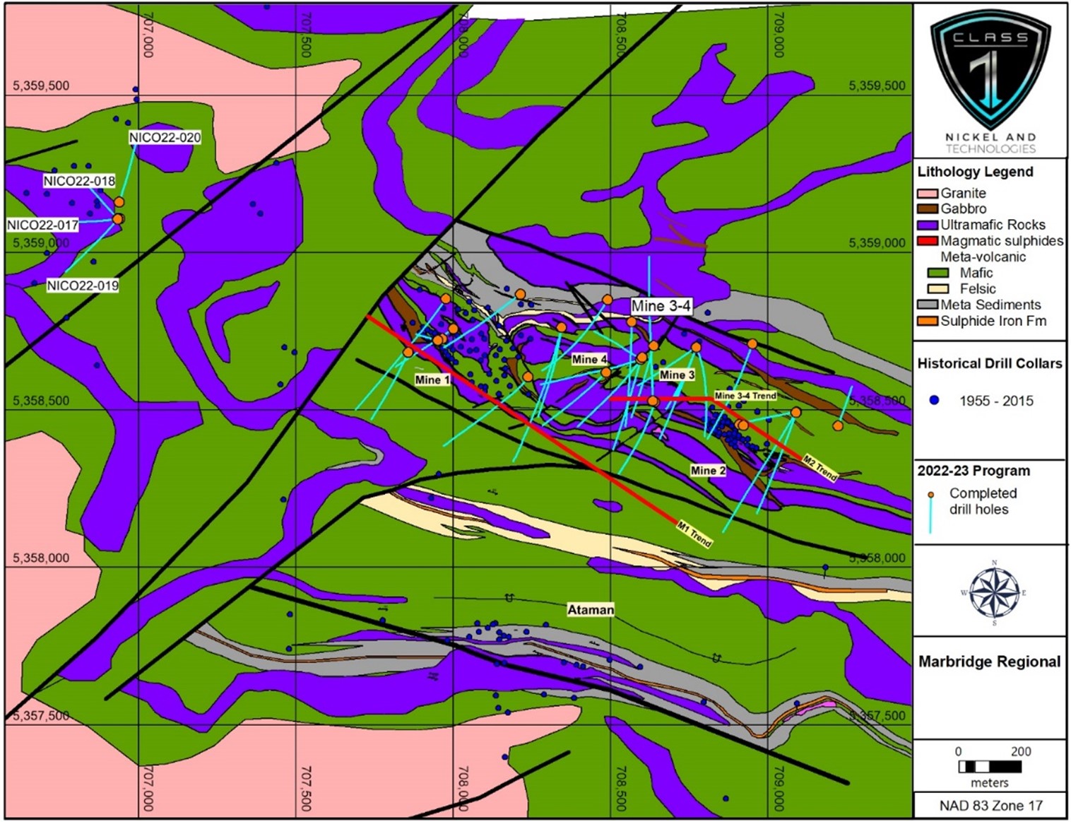 Generalized geology and location of 2022 diamond drill hole collars and traces in the historical Marbridge Ni-Cu Mine region and the La Motte Ultramafic Complex (bedrock geology from Adair, 2016 Rapport de Travaux 2016).