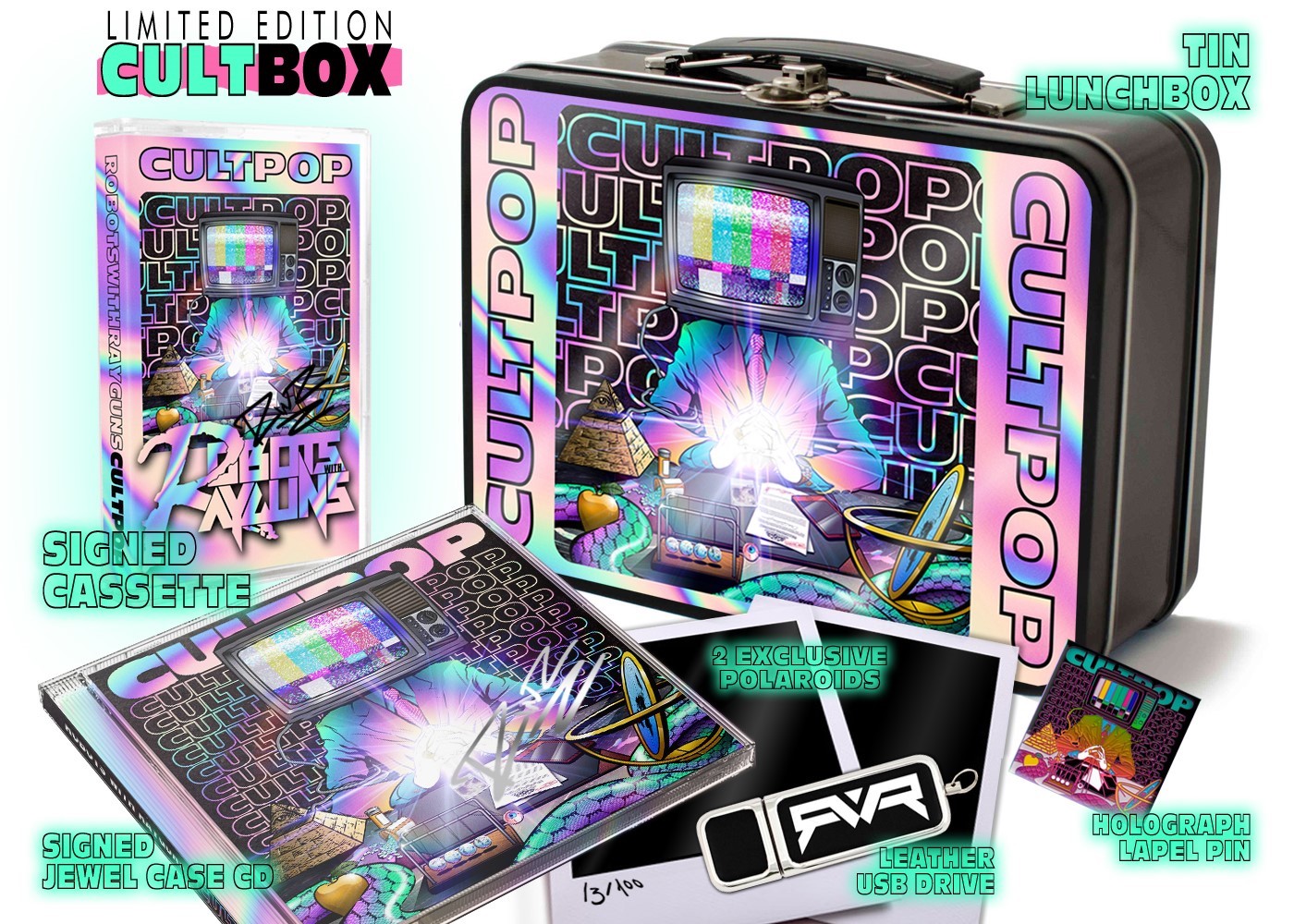 The limited edition box collectors set of Robots With Rayguns new release CULTPOP. Called CULTBOX, it includes a signed cassette, a signed CD, a leather USB drive, two one-of-a-kind artist produced Polaroids, and a holograph lapel pin, all in a retro tin lunch box. Available only at cultpop.net. 