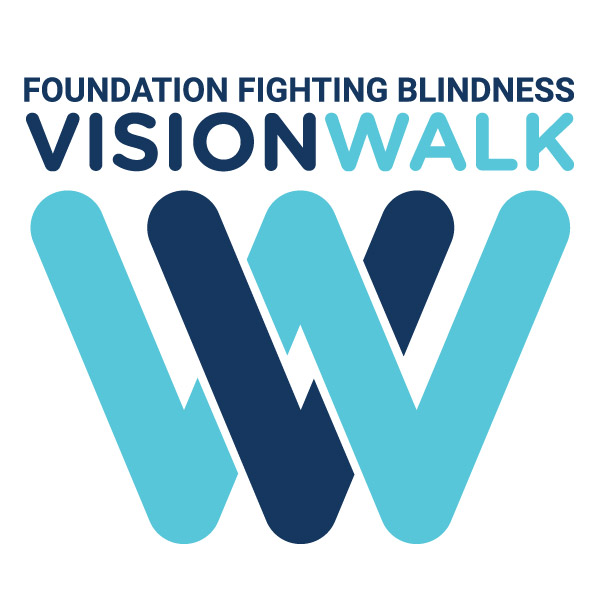 VisionWalk logo with large dark blue v intersecting with large turquoise w. Above the intersecting letters, in type, is VisionWalk and above that, Foundation Fighting Blindness.