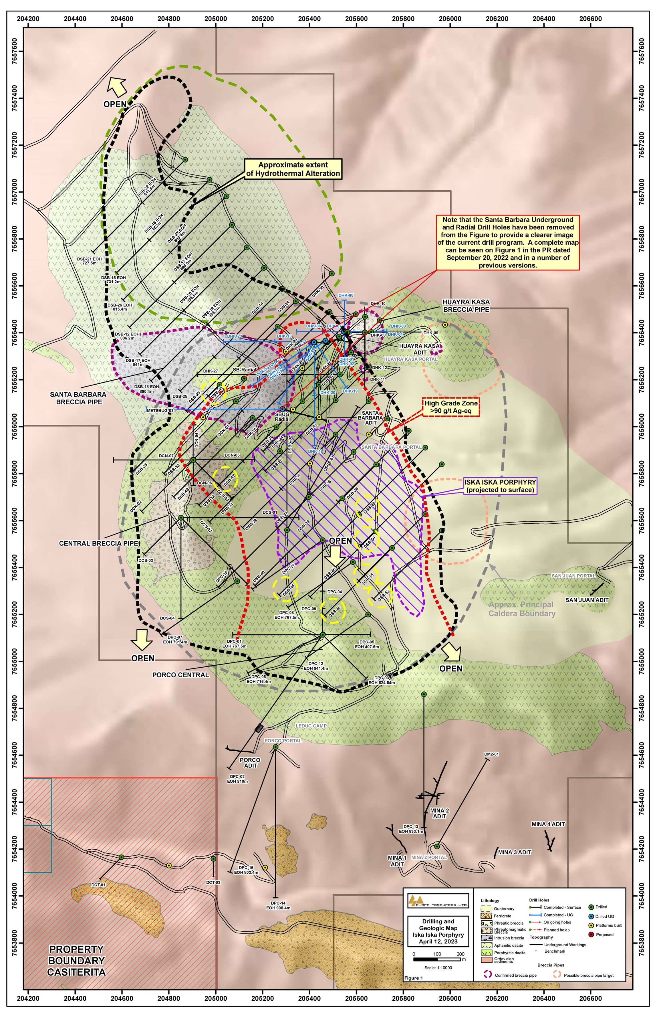 Geological Plan Map showing Drilling in Santa Barbara Area with Holes referred to in this release highlighted.
