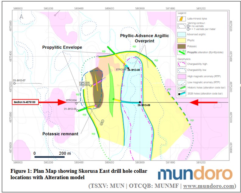 Plan Map showing Skorusa East drill hole collar locations with Alteration model 