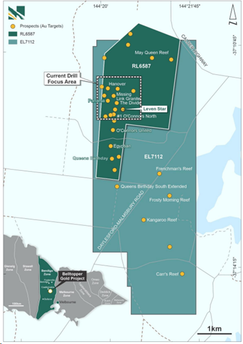 Belltopper Gold Project location map with focus area for the diamond drilling program.