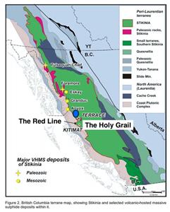 British Columbia terrane map, showing stikinia and selected volcanic-hosted massive sulphide deposits within it