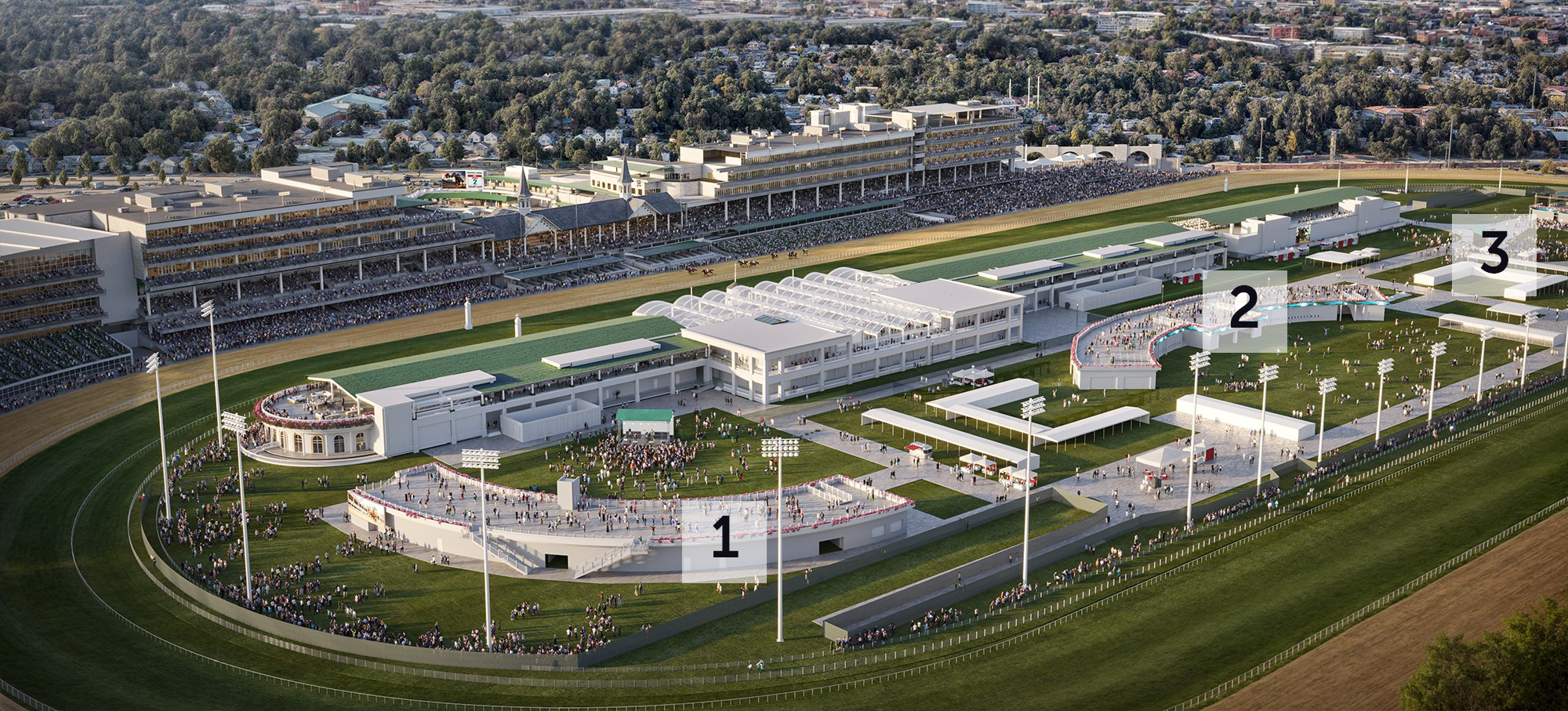 Aerial rendering of the three buildings (labeled 1, 2, 3) that make up the Infield General Admission Project