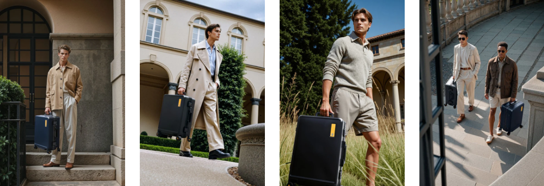 Men carry LEVEL8 HEGENT carry-on luggage through courtyards, along stone steps, and beside landscaped buildings while wearing neutral outfits.