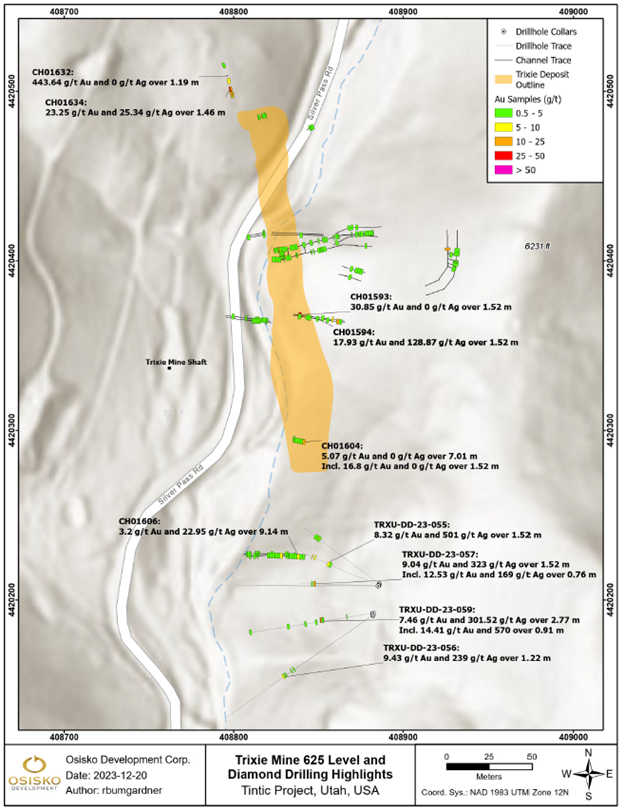 Figure 2: Drill and Chip Sample Plan Map with assay highlights 