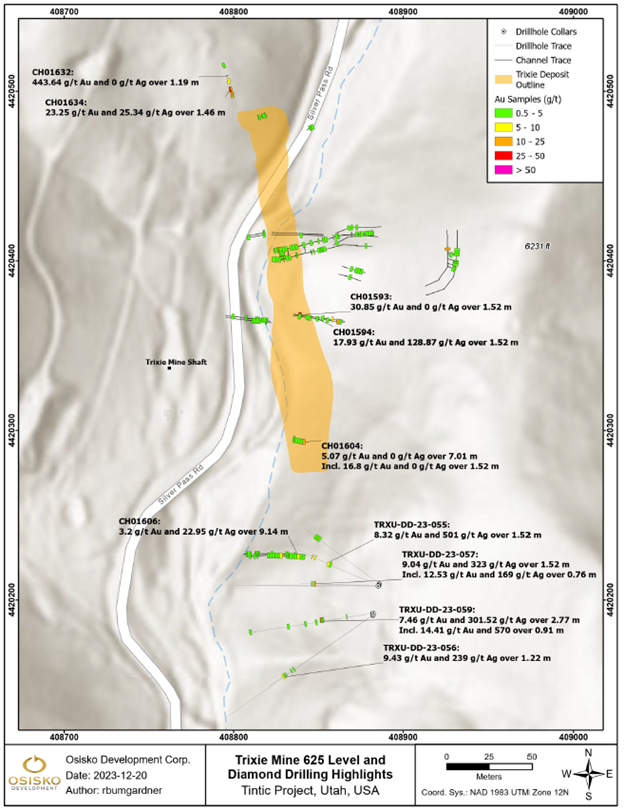 Figure 2: Drill and Chip Sample Plan Map with assay highlights