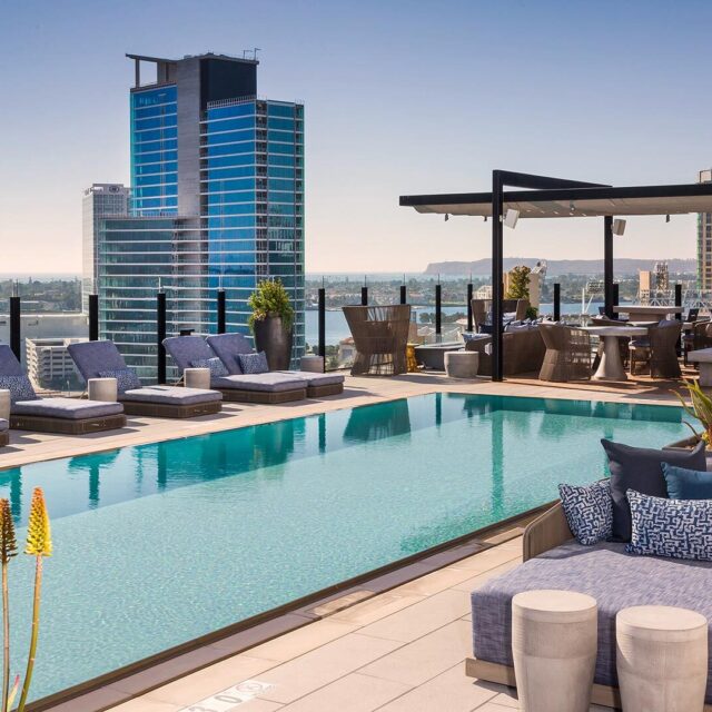 Rooftop daytime view of the ALX San Diego saltwater pool